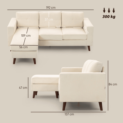HOMCOM Sofá Chaise Longue Reversível de 3 Lugares, Sofá de Canto em L, Estofado em Veludo, Estrutura de Aço, Para Espaços Pequenos, Sala, 192x137x84 cm, Creme HOMCOM Sofá Chaise Longue Reversível de 3 Lugares, Sofá de Canto em L, Estofado em Veludo, Estrutura de Aço, Para Espaços Pequenos, Sala, 192x137x84 cm, Creme