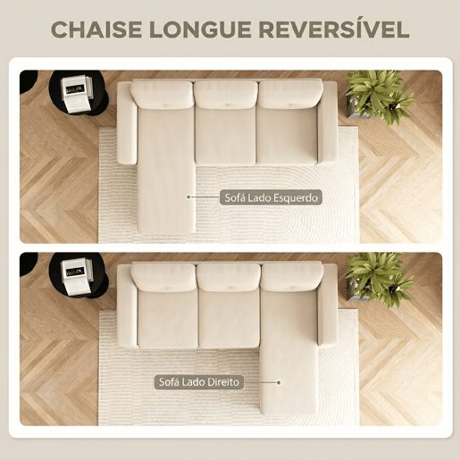 HOMCOM Sofá Chaise Longue Reversível de 3 Lugares, Sofá de Canto em L, Estofado em Veludo, Estrutura de Aço, Para Espaços Pequenos, Sala, 192x137x84 cm, Creme HOMCOM Sofá Chaise Longue Reversível de 3 Lugares, Sofá de Canto em L, Estofado em Veludo, Estrutura de Aço, Para Espaços Pequenos, Sala, 192x137x84 cm, Creme