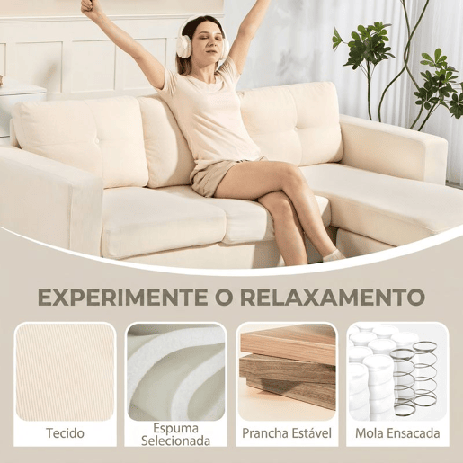HOMCOM Sofá Chaise Longue Reversível de 3 Lugares, Sofá de Canto em L, Estofado em Veludo, Estrutura de Aço, Para Espaços Pequenos, Sala, 192x137x84 cm, Creme HOMCOM Sofá Chaise Longue Reversível de 3 Lugares, Sofá de Canto em L, Estofado em Veludo, Estrutura de Aço, Para Espaços Pequenos, Sala, 192x137x84 cm, Creme