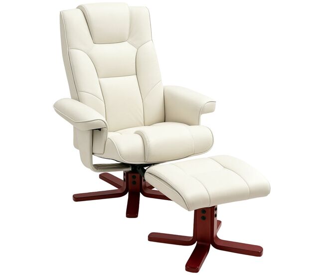 Homcom sillón reclinable con reposapiés sillón relax de salón con tapizado en tejido tecnológico y estructura de madera carga 150 kg butaca para dormitorio sala de estar crema