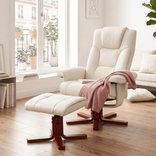 HOMCOM Poltrona Reclinável com Apoio para Pés, Estofada em Tecido Tecnológico e Madeira, Suporta 150 kg, Ideal para Quarto ou Sala, Cor Creme HOMCOM Poltrona Reclinável com Apoio para Pés, Estofada em Tecido Tecnológico e Madeira, Suporta 150 kg, Ideal para Quarto ou Sala, Cor Creme