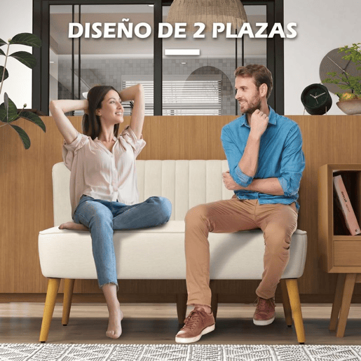 HOMCOM Sofá de 2 Lugares em Tecido Tipo Linho, Assento e Encosto Acolchoados, Pés em Madeira de Seringueira, Carga 220 kg, para Quarto, Sala de Estar e Espaços Pequenos, Creme