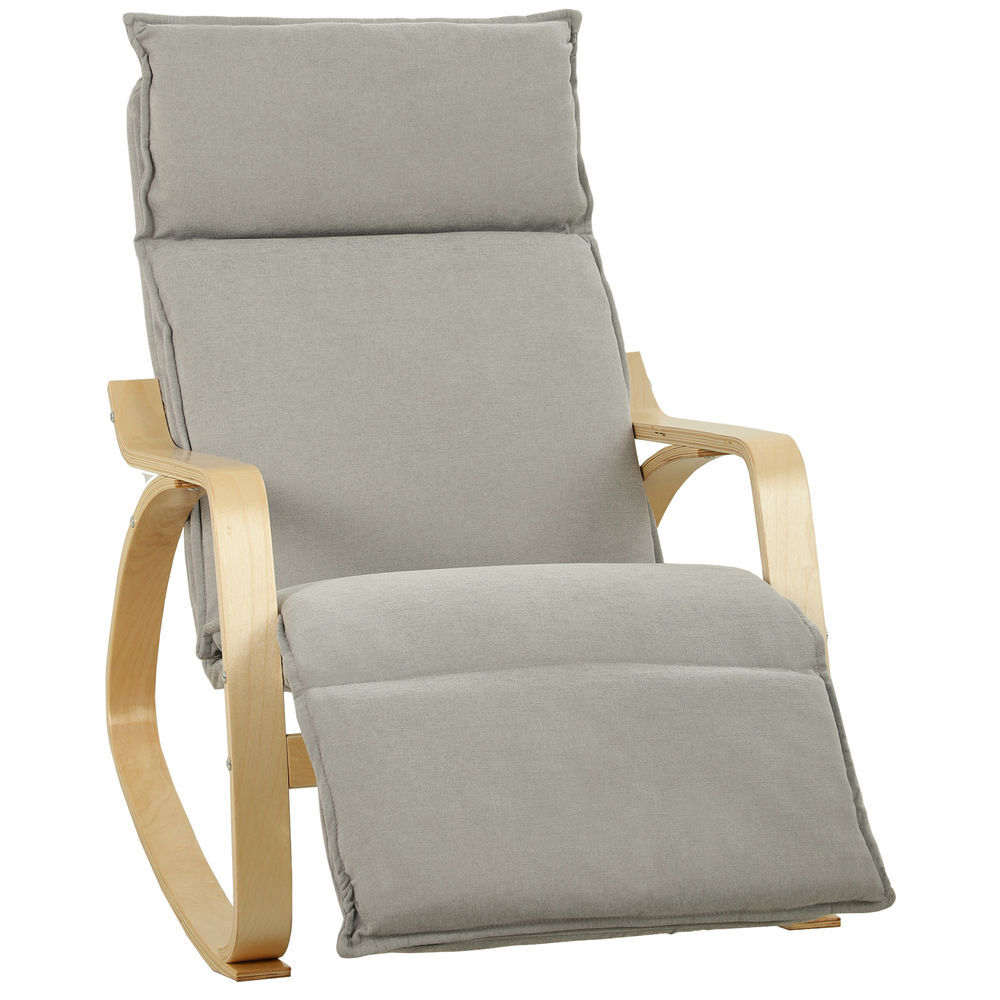 Homcom silla mecedora con reposapiés ajustable en 5 posiciones, sillón mecedora con reposabrazos de madera, acolchado doble capa, asiento amplio, respaldo alto para salón, dormitorio, gris claro