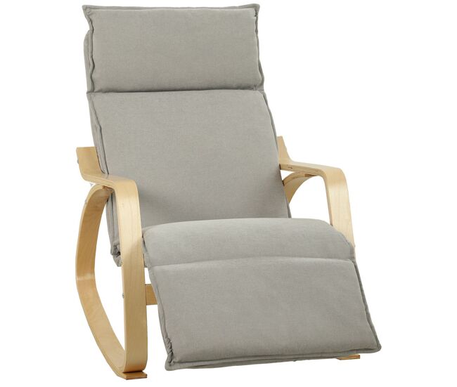 Homcom silla mecedora con reposapiés ajustable en 5 posiciones, sillón mecedora con reposabrazos de madera, acolchado doble capa, asiento amplio, respaldo alto para salón, dormitorio, gris claro