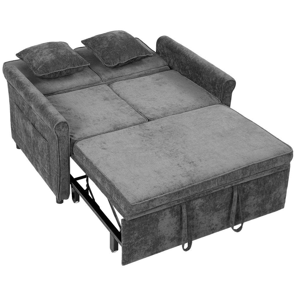 Homcom sofá cama 2 plazas 3 en 1, sofá cama de tejido chenilla con respaldo ajustable 5 niveles, bolsillos laterales, 2 cojines y reposabrazos