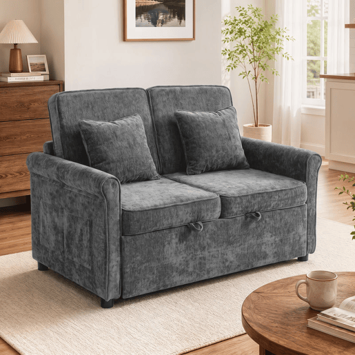HOMCOM Sofá-cama 2 Lugares 3 em 1, em Chenille, Encosto Ajustável em 5 Posições, Bolsos Laterais, 2 Almofadas, Cinzento HOMCOM Sofá-cama 2 Lugares 3 em 1, em Chenille, Encosto Ajustável em 5 Posições, Bolsos Laterais, 2 Almofadas, Cinzento