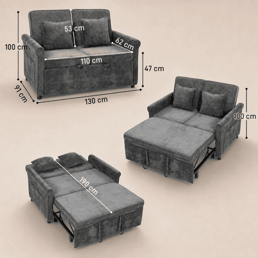 HOMCOM Sofá-cama 2 Lugares 3 em 1, em Chenille, Encosto Ajustável em 5 Posições, Bolsos Laterais, 2 Almofadas, Cinzento HOMCOM Sofá-cama 2 Lugares 3 em 1, em Chenille, Encosto Ajustável em 5 Posições, Bolsos Laterais, 2 Almofadas, Cinzento