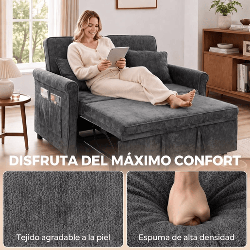 HOMCOM Sofá-cama 2 Lugares 3 em 1, em Chenille, Encosto Ajustável em 5 Posições, Bolsos Laterais, 2 Almofadas, Cinzento HOMCOM Sofá-cama 2 Lugares 3 em 1, em Chenille, Encosto Ajustável em 5 Posições, Bolsos Laterais, 2 Almofadas, Cinzento