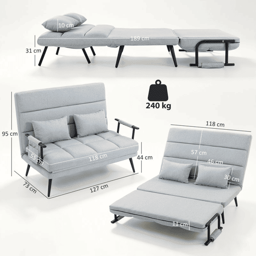 HOMCOM Sofá-cama de 2 Lugares 3 em 1, Conversível em Sofá, Divã e Cama, Encosto Ajustável, Tecido Efeito Linho, 2 Almofadas Laváveis, 127x73x95 cm, Cinzento-claro