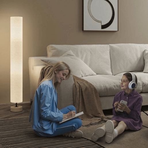 HOMCOM Candeeiro de Pé Moderno para Sala e Quarto, 2 Casquilhos E27 Máx. 40 W, Abat-Jour em Linho, Estrutura Metálica, 15x15x120 cm, Cinzento