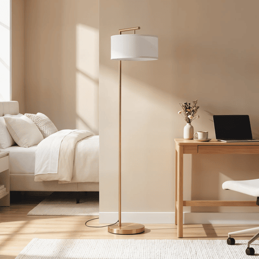 HOMCOM Candeeiro de Pé com Abajur em Tecido, Casquilho E27 e Interruptor de Pé, para Sala de Estar, Quarto e Escritório, Dourado e Branco HOMCOM Candeeiro de Pé com Abajur em Tecido, Casquilho E27 e Interruptor de Pé, para Sala de Estar, Quarto e Escritório, Dourado e Branco