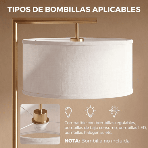 HOMCOM Candeeiro de Pé com Abajur em Tecido, Casquilho E27 e Interruptor de Pé, para Sala de Estar, Quarto e Escritório, Dourado e Branco HOMCOM Candeeiro de Pé com Abajur em Tecido, Casquilho E27 e Interruptor de Pé, para Sala de Estar, Quarto e Escritório, Dourado e Branco