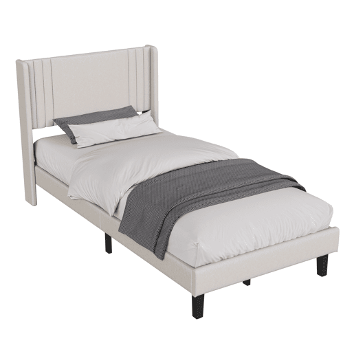 Cama individual 90x200 cm bege com tecido efeito linho, cabeceira almofadada e espaço por baixo da cama Cama individual 90x200 cm bege com tecido efeito linho, cabeceira almofadada e espaço por baixo da cama