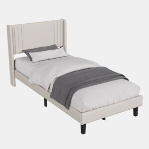 Cama individual 90x200 cm bege com tecido efeito linho, cabeceira almofadada e espaço por baixo da cama