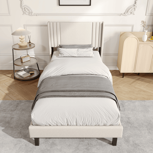 Cama individual 90x200 cm bege com tecido efeito linho, cabeceira almofadada e espaço por baixo da cama Cama individual 90x200 cm bege com tecido efeito linho, cabeceira almofadada e espaço por baixo da cama