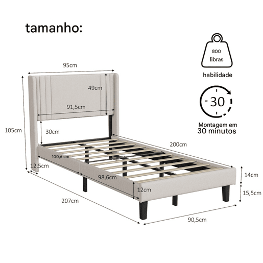 Cama individual 90x200 cm bege com tecido efeito linho, cabeceira almofadada e espaço por baixo da cama Cama individual 90x200 cm bege com tecido efeito linho, cabeceira almofadada e espaço por baixo da cama