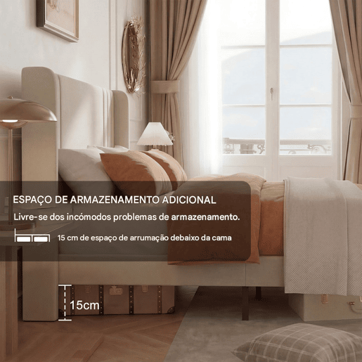 Cama individual 90x200 cm bege com tecido efeito linho, cabeceira almofadada e espaço por baixo da cama Cama individual 90x200 cm bege com tecido efeito linho, cabeceira almofadada e espaço por baixo da cama