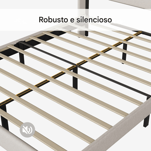Cama individual 90x200 cm bege com tecido efeito linho, cabeceira almofadada e espaço por baixo da cama Cama individual 90x200 cm bege com tecido efeito linho, cabeceira almofadada e espaço por baixo da cama