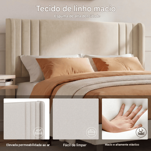 Cama individual 90x200 cm bege com tecido efeito linho, cabeceira almofadada e espaço por baixo da cama Cama individual 90x200 cm bege com tecido efeito linho, cabeceira almofadada e espaço por baixo da cama