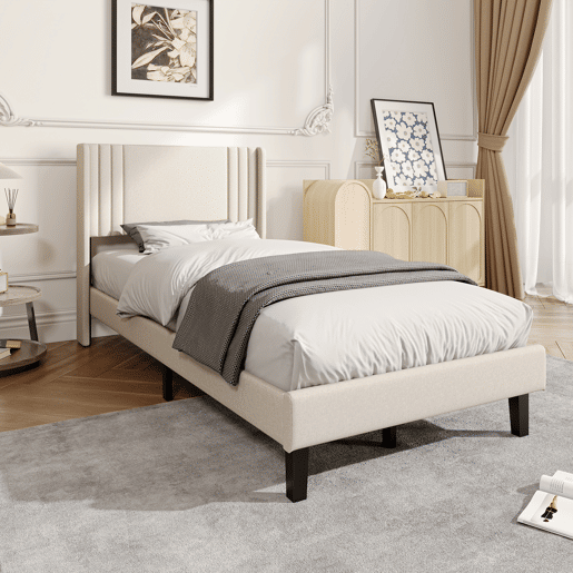 Cama individual 90x200 cm bege com tecido efeito linho, cabeceira almofadada e espaço por baixo da cama Cama individual 90x200 cm bege com tecido efeito linho, cabeceira almofadada e espaço por baixo da cama