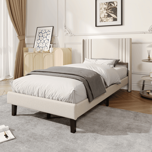 Cama individual 90x200 cm bege com tecido efeito linho, cabeceira almofadada e espaço por baixo da cama Cama individual 90x200 cm bege com tecido efeito linho, cabeceira almofadada e espaço por baixo da cama