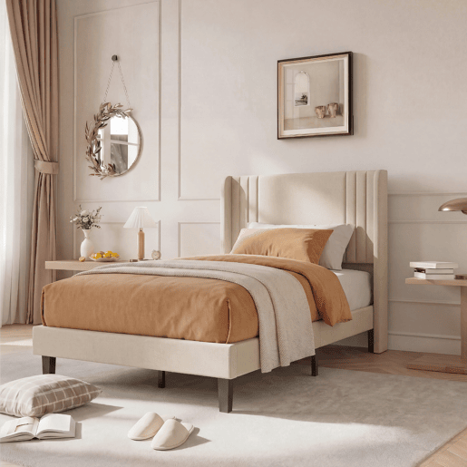 Cama individual 90x200 cm bege com tecido efeito linho, cabeceira almofadada e espaço por baixo da cama Cama individual 90x200 cm bege com tecido efeito linho, cabeceira almofadada e espaço por baixo da cama