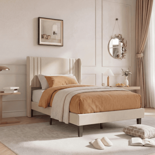 Cama individual 90x200 cm bege com tecido efeito linho, cabeceira almofadada e espaço por baixo da cama Cama individual 90x200 cm bege com tecido efeito linho, cabeceira almofadada e espaço por baixo da cama