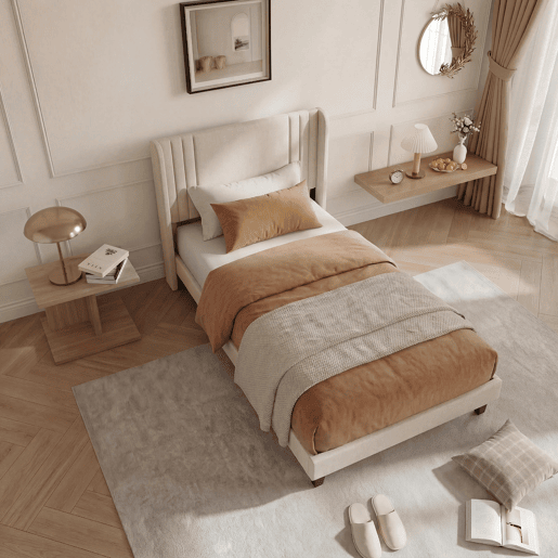 Cama individual 90x200 cm bege com tecido efeito linho, cabeceira almofadada e espaço por baixo da cama Cama individual 90x200 cm bege com tecido efeito linho, cabeceira almofadada e espaço por baixo da cama