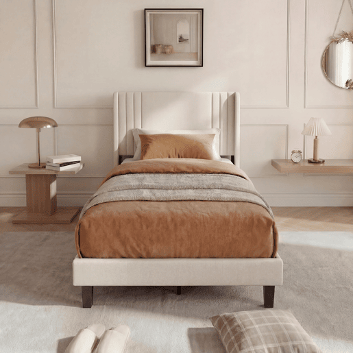 Cama individual 90x200 cm bege com tecido efeito linho, cabeceira almofadada e espaço por baixo da cama Cama individual 90x200 cm bege com tecido efeito linho, cabeceira almofadada e espaço por baixo da cama