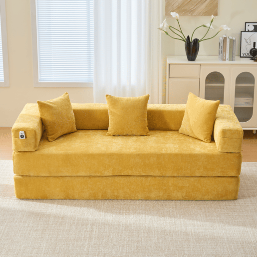 Sofá modular de 2 lugares - chenille supermacio, combinável com bolsos laterais - amarelo mostarda