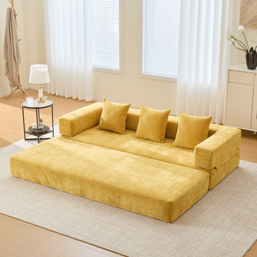 Sofá modular de 2 lugares - chenille supermacio, combinável com bolsos laterais - amarelo mostarda