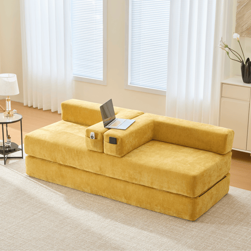 Sofá modular de 2 lugares - chenille supermacio, combinável com bolsos laterais - amarelo mostarda