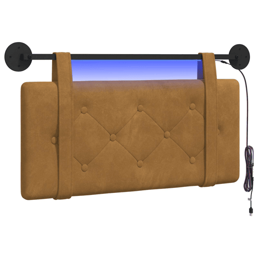 Cabeceira de cama suspensa Com luz LED Castanho Veludo
