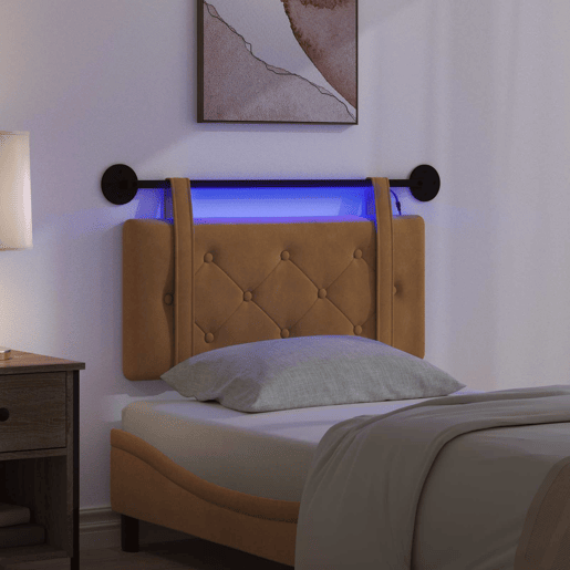 Cabeceira de cama suspensa Com luz LED Castanho Veludo