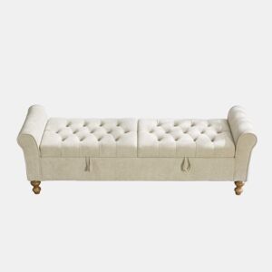 Banco com espaço de arrumação 156×46×51 cm u2013 2 tampos, braços enrolados e pernas de madeira de borracha u2013 Greige
