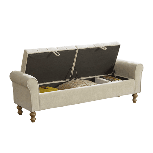 Banco com espaço de arrumação 156×46×51 cm u2013 2 tampos, braços enrolados e pernas de madeira de borracha u2013 Greige
