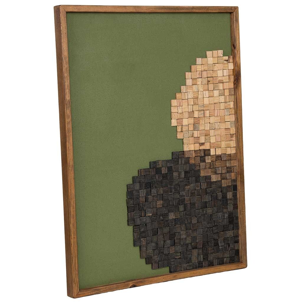 Cuadro artesanal de madera reciclada con relieve verde, beige y negro 62x4x82h cm