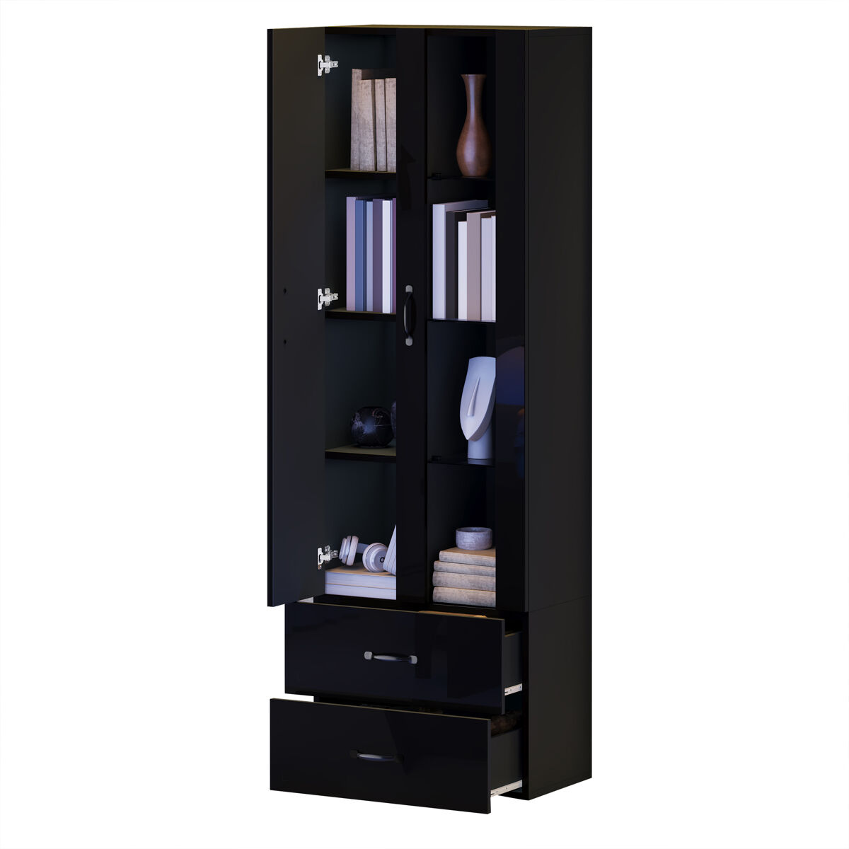 Vitrina de panel de partículas con 2 puertas,2 cajones y luz led,negro