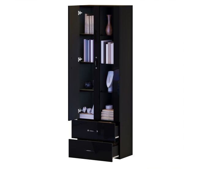 Vitrina de panel de partículas con 2 puertas,2 cajones y luz led,negro