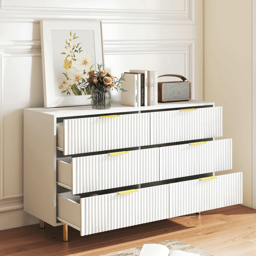 Cómoda 120×40×72 cm - 6 gavetas e design moderno - Branca e dourada Cómoda 120×40×72 cm - 6 gavetas e design moderno - Branca e dourada