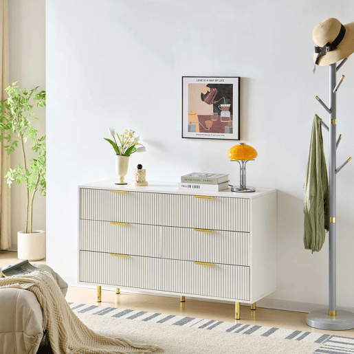 Cómoda 120×40×72 cm - 6 gavetas e design moderno - Branca e dourada Cómoda 120×40×72 cm - 6 gavetas e design moderno - Branca e dourada