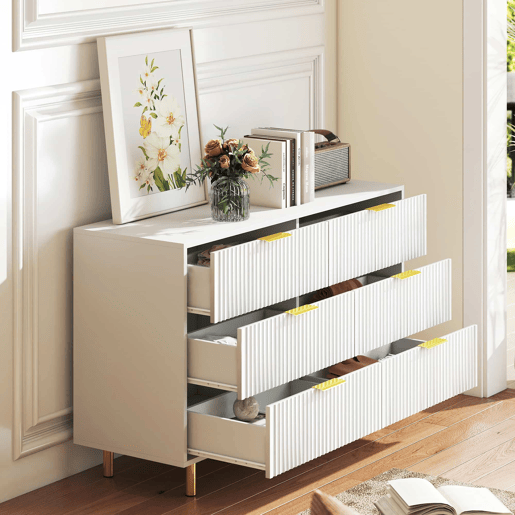 Cómoda 120×40×72 cm - 6 gavetas e design moderno - Branca e dourada Cómoda 120×40×72 cm - 6 gavetas e design moderno - Branca e dourada