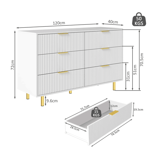 Cómoda 120×40×72 cm - 6 gavetas e design moderno - Branca e dourada Cómoda 120×40×72 cm - 6 gavetas e design moderno - Branca e dourada