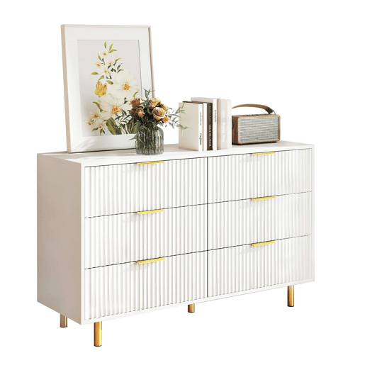 Cómoda 120×40×72 cm - 6 gavetas e design moderno - Branca e dourada Cómoda 120×40×72 cm - 6 gavetas e design moderno - Branca e dourada