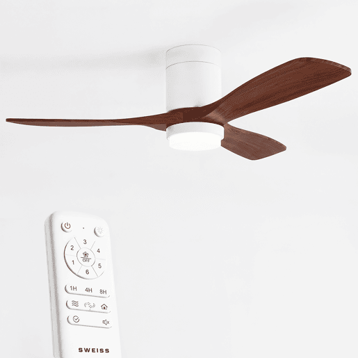 Ventoinha de teto FLOW26 de 132 cm com luz LED de 18 W, 6 velocidades, comando à distância, temporizador até 8 h e função verãoinverno, acabamento efeito madeira escura Ventoinha de teto FLOW26 de 132 cm com luz LED de 18 W, 6 velocidades, comando à distância, temporizador até 8 h e função verãoinverno, acabamento efeito madeira escura