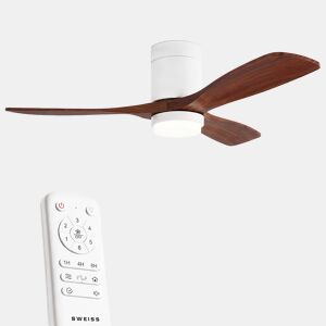 Ventoinha de teto FLOW26 de 132 cm com luz LED de 18 W, 6 velocidades, comando à distância, temporizador até 8 h e função verãoinverno, acabamento efeito madeira escura
