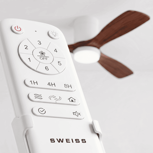 Ventoinha de teto FLOW26 de 132 cm com luz LED de 18 W, 6 velocidades, comando à distância, temporizador até 8 h e função verãoinverno, acabamento efeito madeira escura Ventoinha de teto FLOW26 de 132 cm com luz LED de 18 W, 6 velocidades, comando à distância, temporizador até 8 h e função verãoinverno, acabamento efeito madeira escura