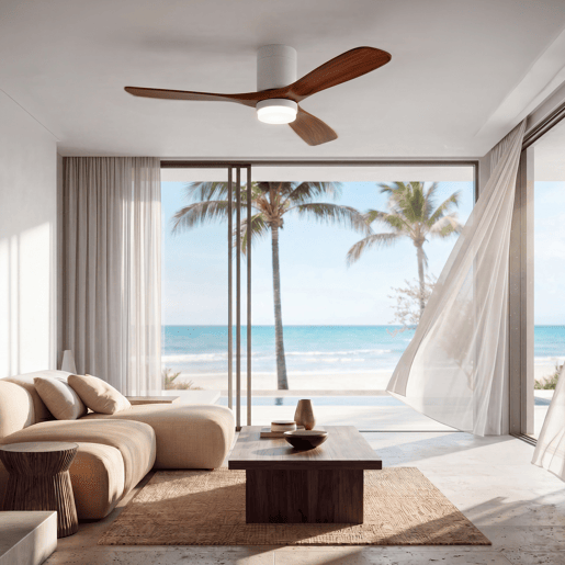 Ventoinha de teto FLOW26 de 132 cm com luz LED de 18 W, 6 velocidades, comando à distância, temporizador até 8 h e função verãoinverno, acabamento efeito madeira escura Ventoinha de teto FLOW26 de 132 cm com luz LED de 18 W, 6 velocidades, comando à distância, temporizador até 8 h e função verãoinverno, acabamento efeito madeira escura