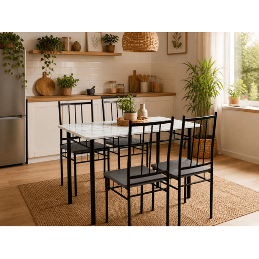 Conjunto de Mesa + 4 Cadeiras, Brand (Preto, Mármore) Conjunto de Mesa + 4 Cadeiras, Brand (Preto, Mármore)