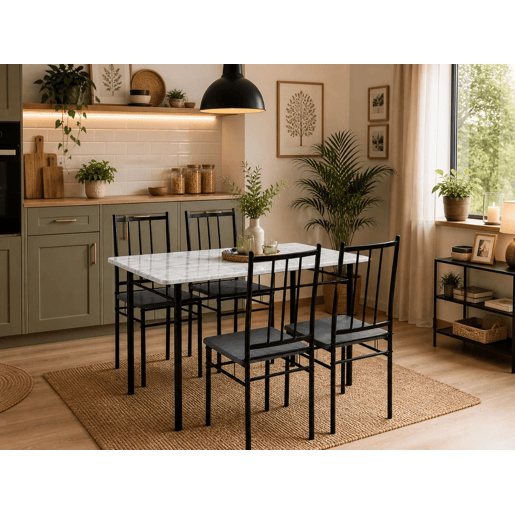 Conjunto de Mesa + 4 Cadeiras, Brand (Preto, Mármore) Conjunto de Mesa + 4 Cadeiras, Brand (Preto, Mármore)